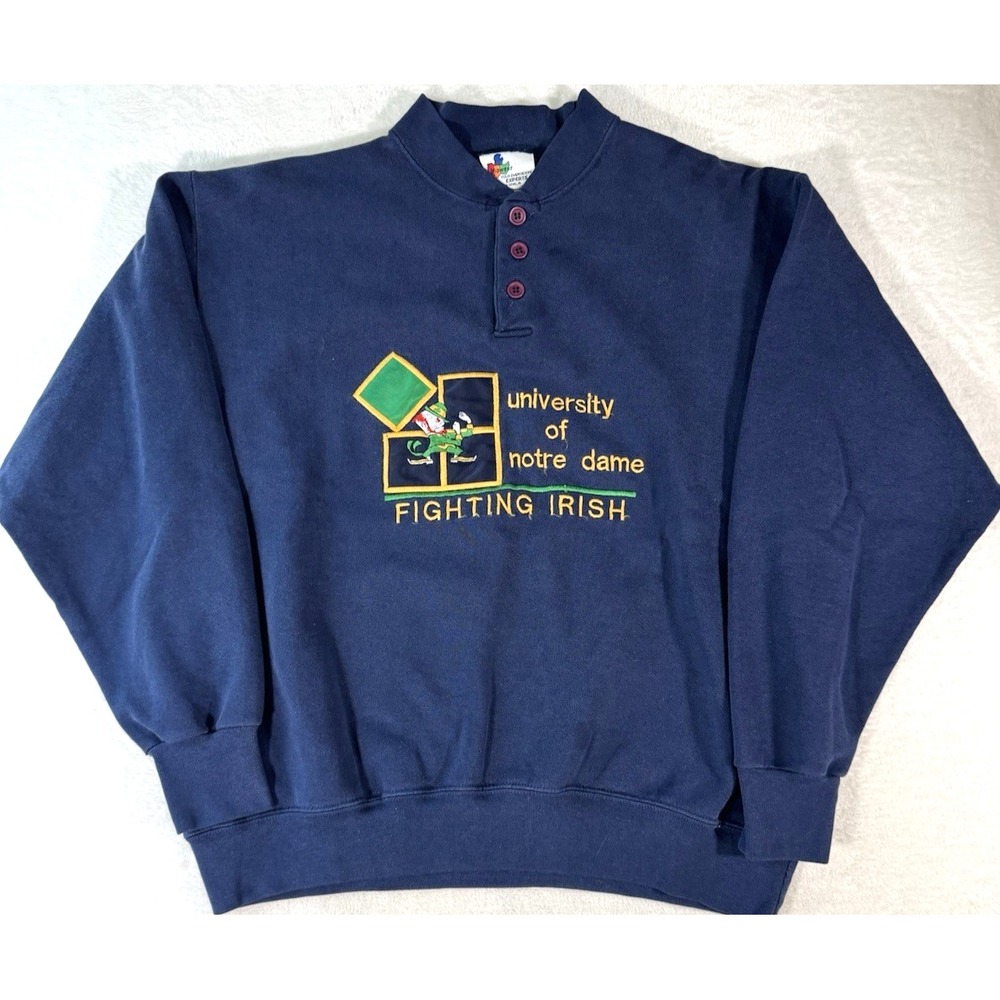 Vintage 90s Notre Dame Irish Henley Sweatshirt XL Embroidered Made in USA Blue